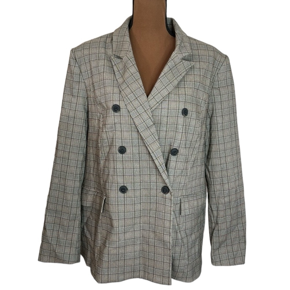 89th + Madison grey and tan double breasted Glen plaid blazer size XL